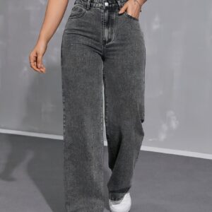 Wide-legged Large Size Jeans for Women High Waist Stretch Loose Straight Legs Stylish Casual Trousers Machine Washable for Everyday All Seasons Black Grey Button-opening Large Size Women's Trousers 200 Lbs Extra Large Size 5XL 7XL 8XL