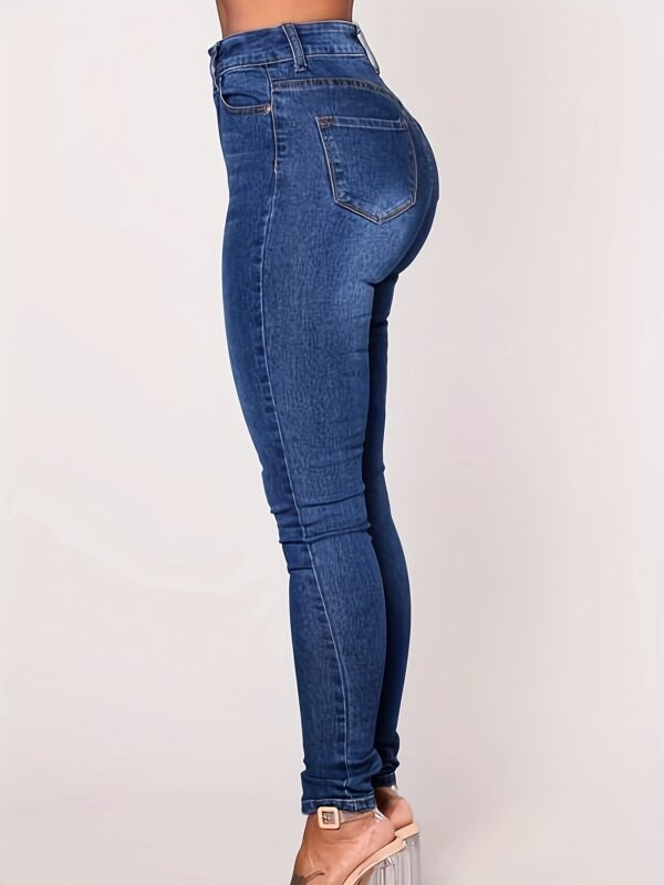 Elegant High-Waisted Stretch Skinny Jeans for Women - Classic Ankle-Length Denim in Light Blue, Smooth Polyester Fabric, Button Fly, Perfect for Casual or Mature Style