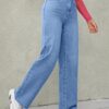 [Comfortable High Waist Jeans] Comfortable High Waist Women's Blue Light Wash Wide Leg Jeans - Medium Stretch Straight Denim Jeans & Clothing - Image 4