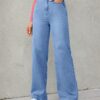 [Comfortable High Waist Jeans] Comfortable High Waist Women's Blue Light Wash Wide Leg Jeans - Medium Stretch Straight Denim Jeans & Clothing - Image 5