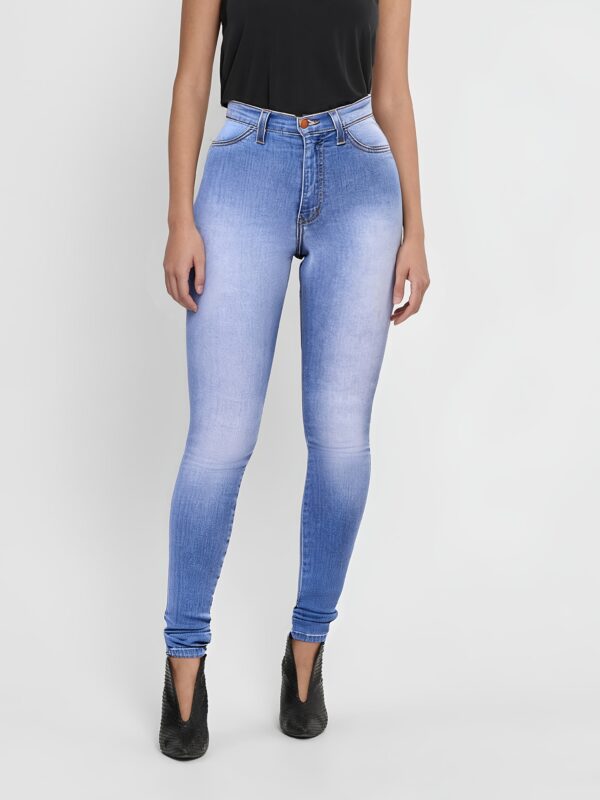 Elegant High-Waisted Stretch Skinny Jeans for Women - Classic Ankle-Length Denim in Light Blue, Smooth Polyester Fabric, Button Fly, Perfect for Casual or Mature Style - Image 6
