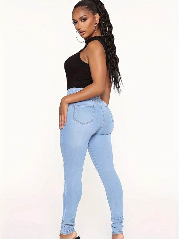 Elegant High-Waisted Stretch Skinny Jeans for Women - Classic Ankle-Length Denim in Light Blue, Smooth Polyester Fabric, Button Fly, Perfect for Casual or Mature Style - Image 5