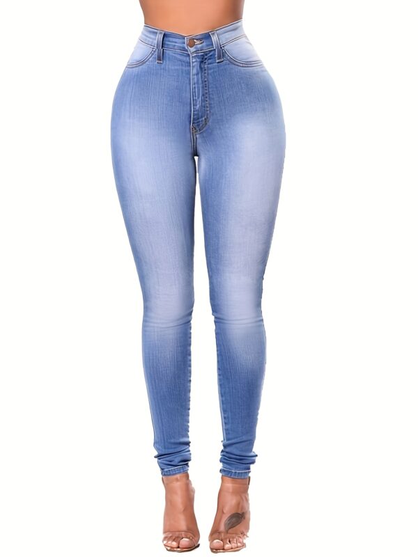Elegant High-Waisted Stretch Skinny Jeans for Women - Classic Ankle-Length Denim in Light Blue, Smooth Polyester Fabric, Button Fly, Perfect for Casual or Mature Style - Image 3