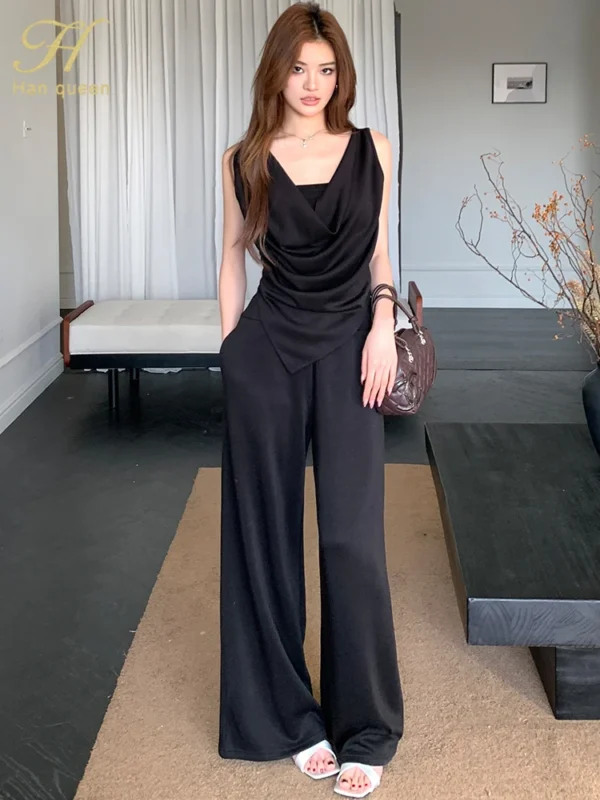 H Han Queen New Chic Summer 2-Piece Suit Women Elegant Sleeveless Top+Simple Pants Korean Casual Set Simple Office Pants Suit - Image 6