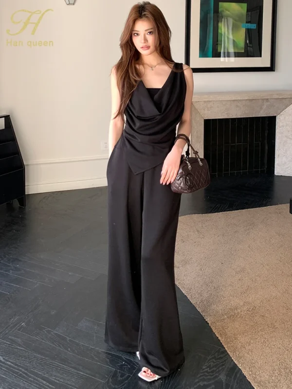 H Han Queen New Chic Summer 2-Piece Suit Women Elegant Sleeveless Top+Simple Pants Korean Casual Set Simple Office Pants Suit - Image 5