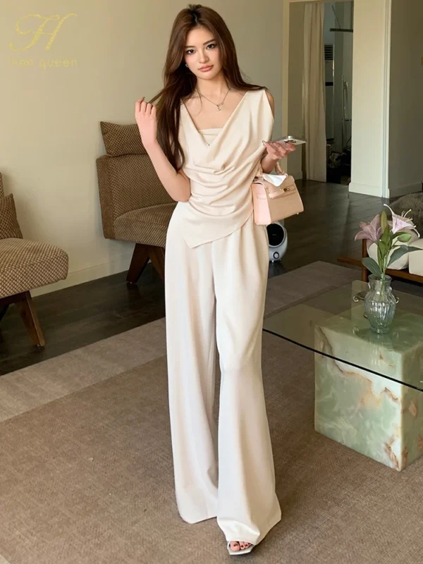 H Han Queen New Chic Summer 2-Piece Suit Women Elegant Sleeveless Top+Simple Pants Korean Casual Set Simple Office Pants Suit - Image 2