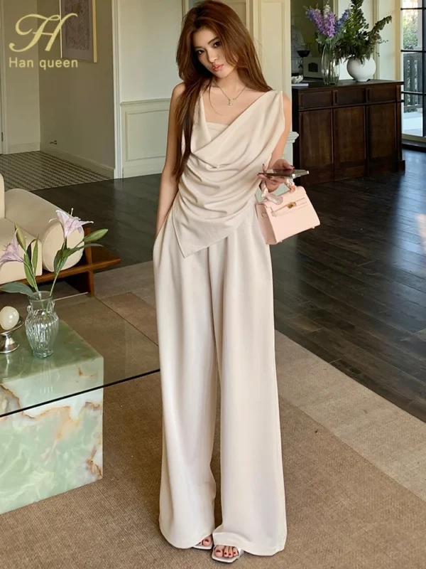 H Han Queen New Chic Summer 2-Piece Suit Women Elegant Sleeveless Top+Simple Pants Korean Casual Set Simple Office Pants Suit - Image 3