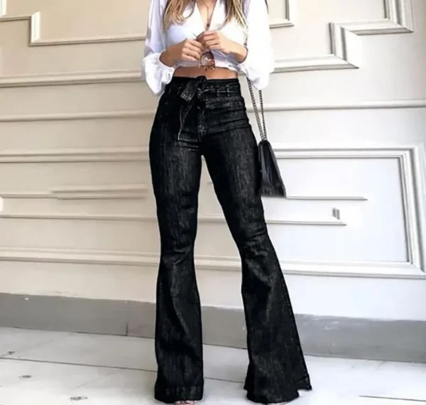 Women Jeans Solid Color High Waist Flare Pants Zipper Fly Flat Pockets Streetwear Slim Patchwork Button Slight Strech Belt - Image 9