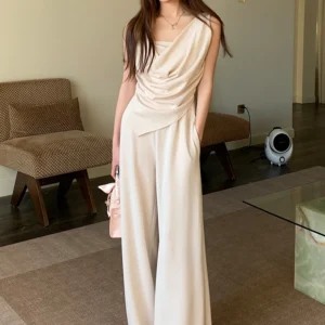 H Han Queen New Chic Summer 2-Piece Suit Women Elegant Sleeveless Top+Simple Pants Korean Casual Set Simple Office Pants Suit