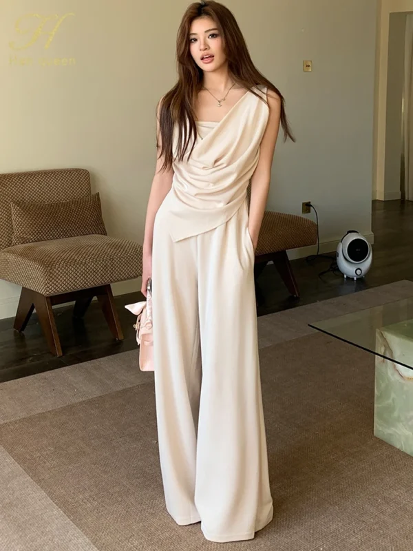 H Han Queen New Chic Summer 2-Piece Suit Women Elegant Sleeveless Top+Simple Pants Korean Casual Set Simple Office Pants Suit