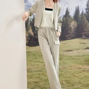 SENTUBILA Women's Pants Suits 2025 Spring Autumn Patchwork V Neck Blazer Straight Full-length Pants 2 Piece Sets 133Z52416