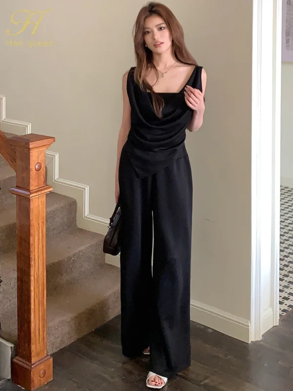H Han Queen New Chic Summer 2-Piece Suit Women Elegant Sleeveless Top+Simple Pants Korean Casual Set Simple Office Pants Suit - Image 4